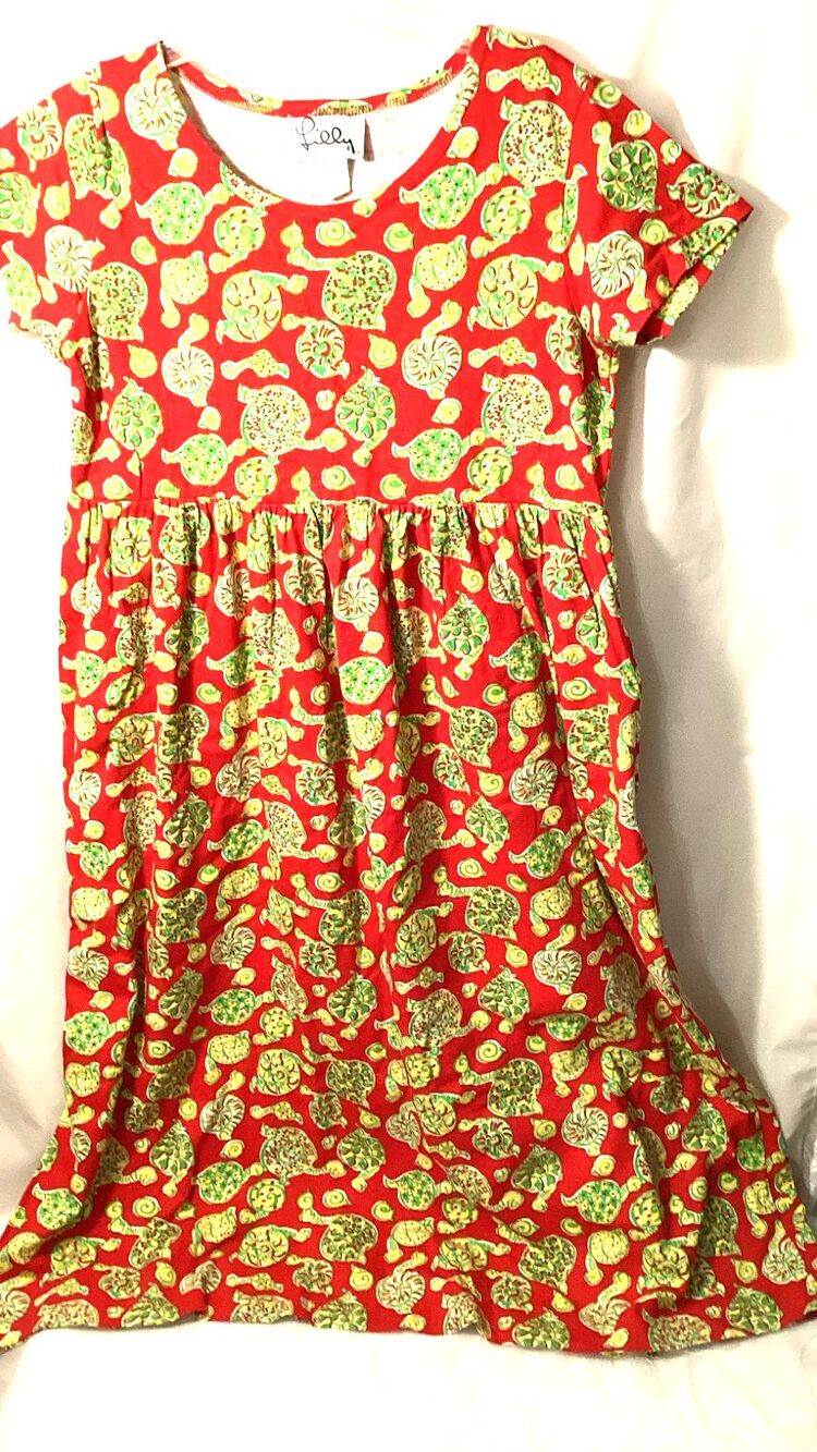 RARE Vintage Lilly Pulitzer Red Yellow Cotton Rollin Turtle Dress XL 1X Dopamine